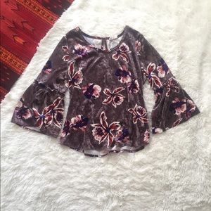 Velvet bell sleeve floral blouse lavender blue